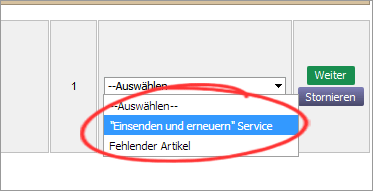 Einsenden und erneuern Service Auswahlmen